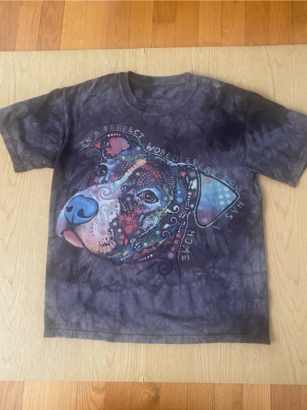 The Mountain Adult Black Tie-Dye Soft Tee with Multicolor Dog Soft Graphics